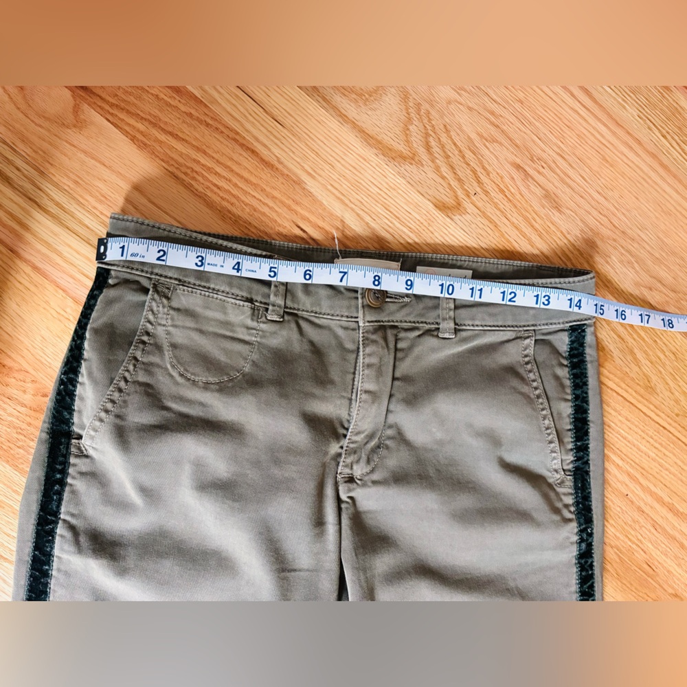 Anthropologie Stylish Olive Green‎ Pants with green velvet Stripe - Picture 6 of 7